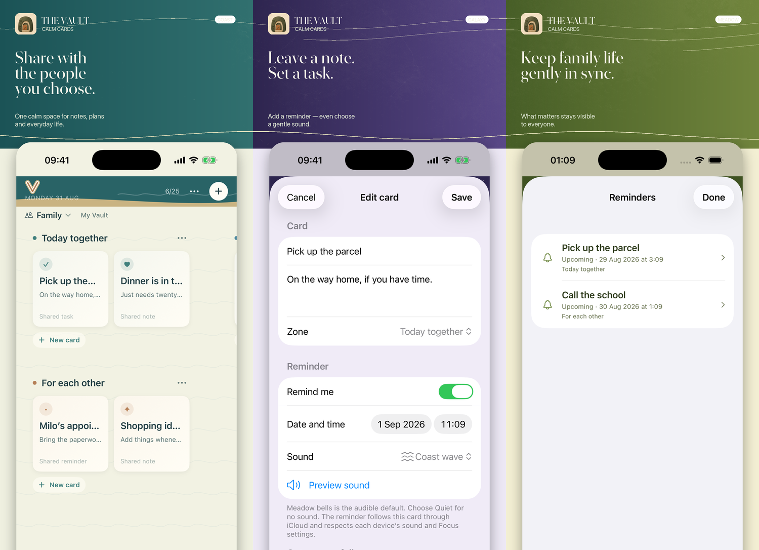 The Vault’s quiet card canvas shown in Coast, Galaxy and Meadow themes.